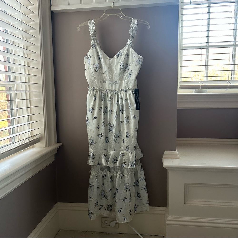 Floral White and Blue Midi Topshop Dress